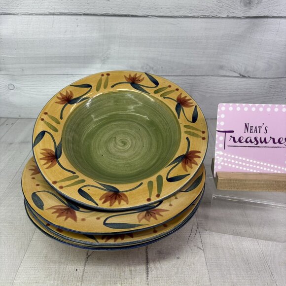 Pier 1 ELIZABETH Handpaint Green Yellow Floral Stoneware Soup Pasta Bowls Set 4 - Picture 1 of 16